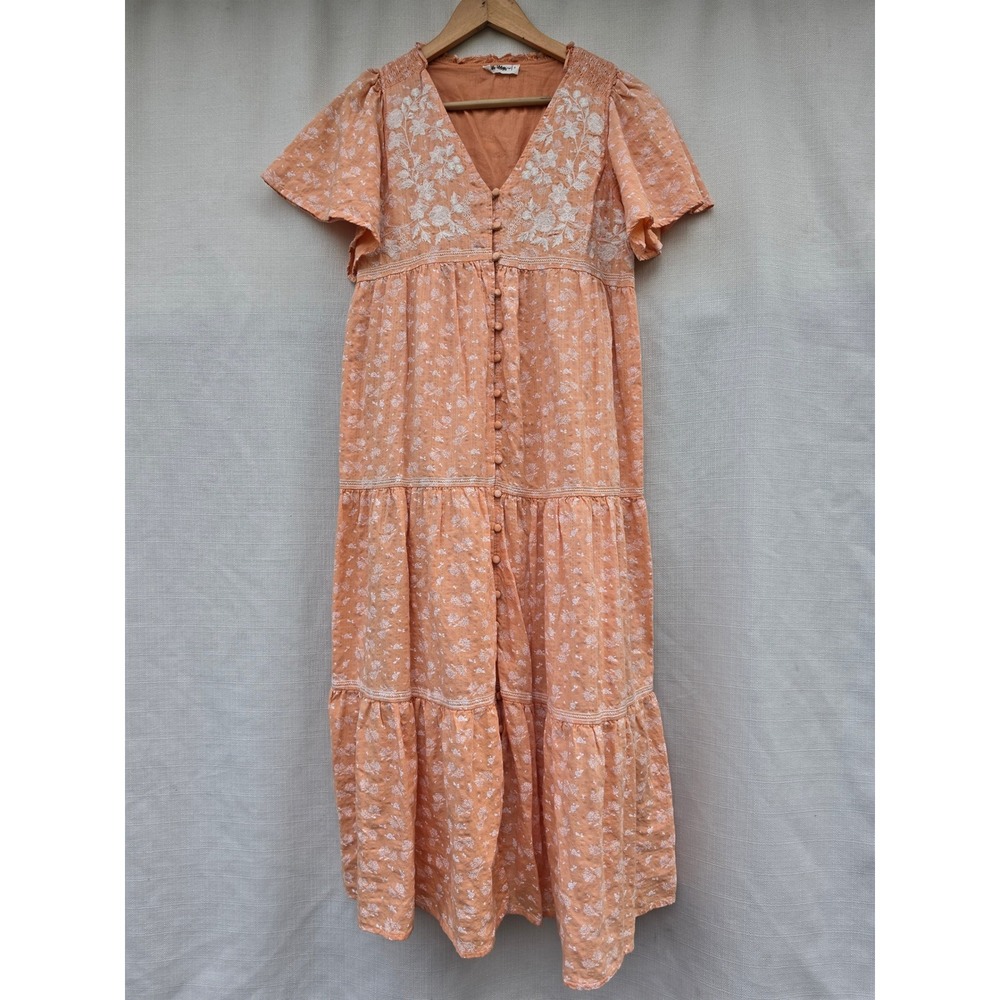 In Loom Apricot Orange Floral Embroidered Tiered Maxi Dress Small ILD3621